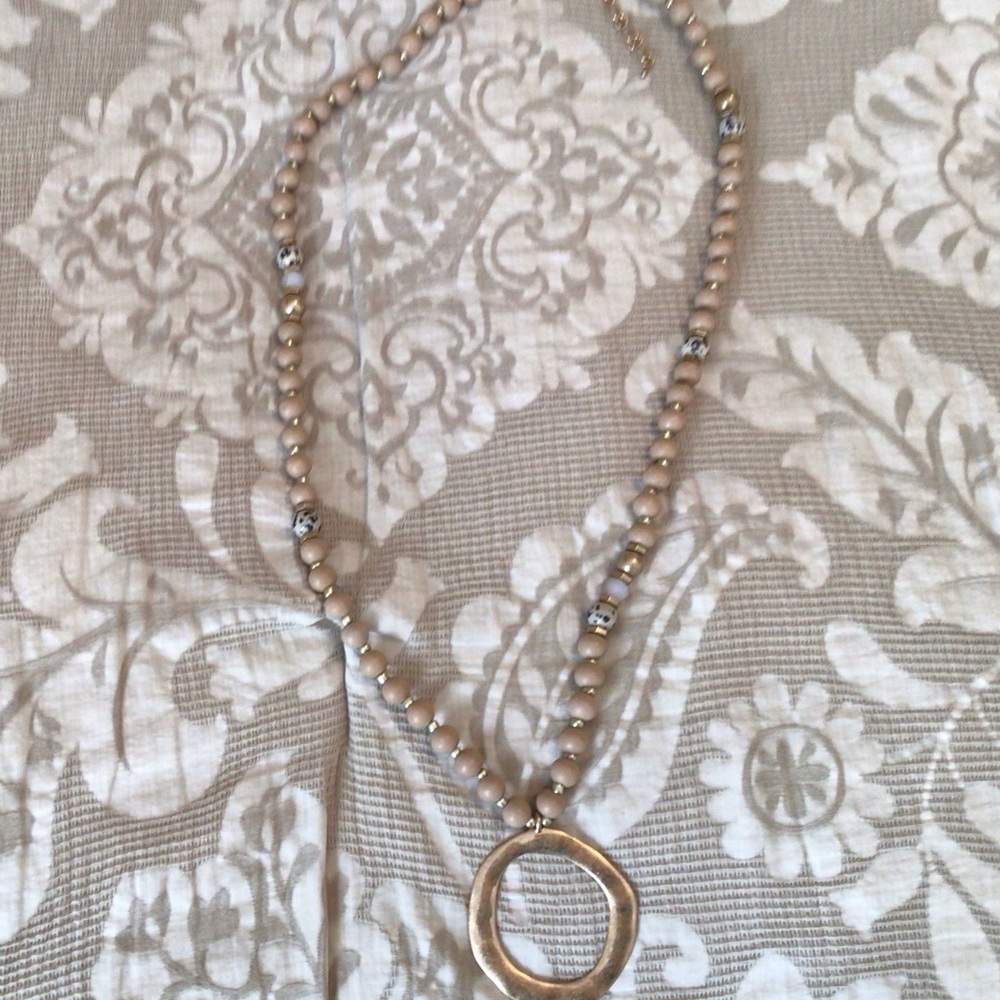 Beaded Pendant Necklace in Taupe - Designer Style